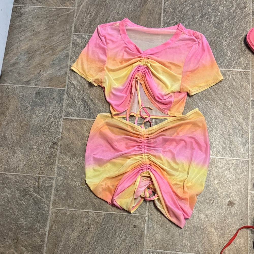 Vibrant Pink and Yellow Ruched Two-Piece Set